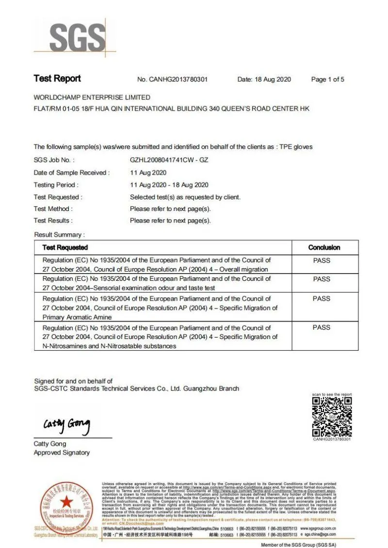 TPE GLOVE-SGS Food contact test report