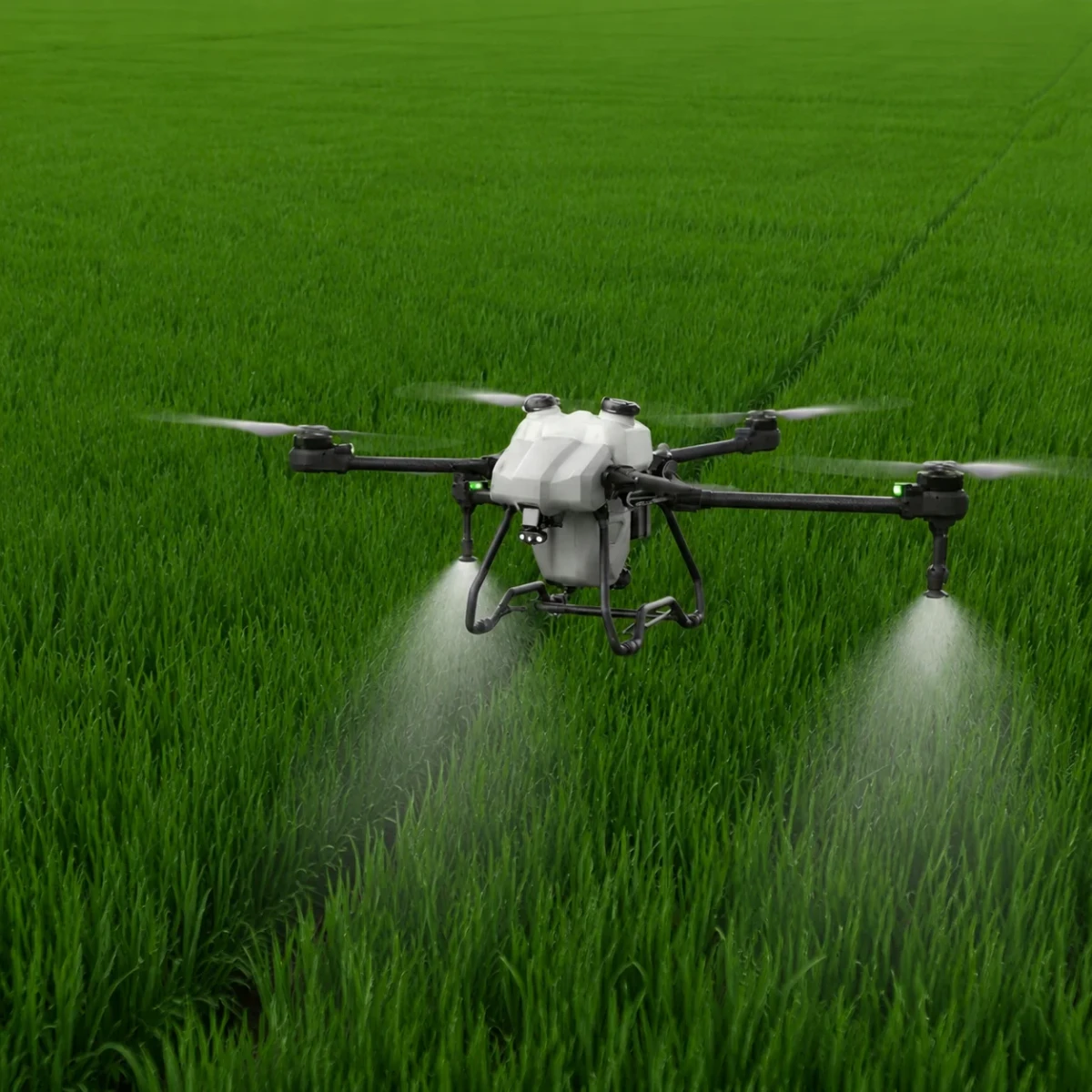 Agricultural drone supporting a field operation above a rice-growing area.
