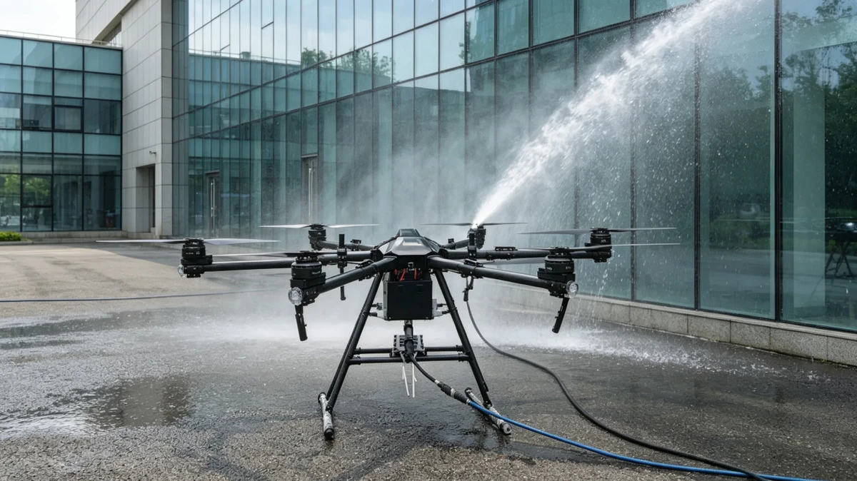 XJ-30C facade cleaning UAV washing the glass exterior of a commercial building.