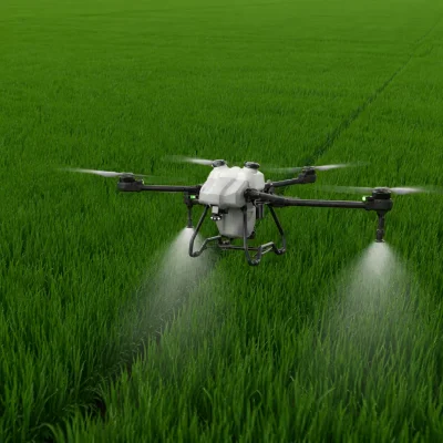 Agricultural drone supporting targeted operations over a green crop field.
