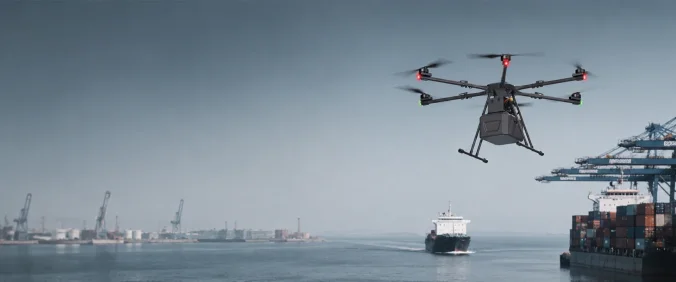 Heavy-lift cargo drone operating above a commercial port and shipping terminal.