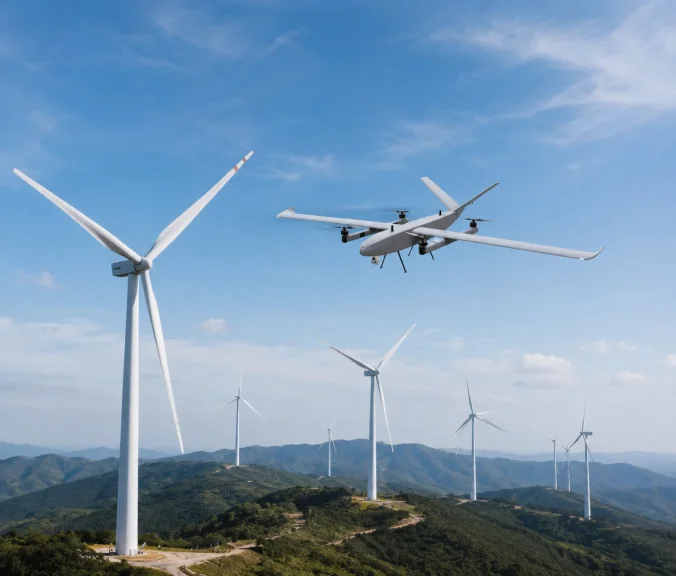 Inspection drone operating above a mountainous wind farm.