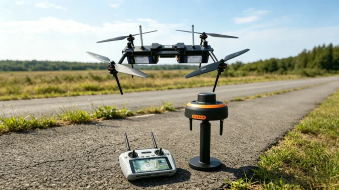 Long-endurance multi-rotor UAV with controller and positioning base station in a land-survey workflow.