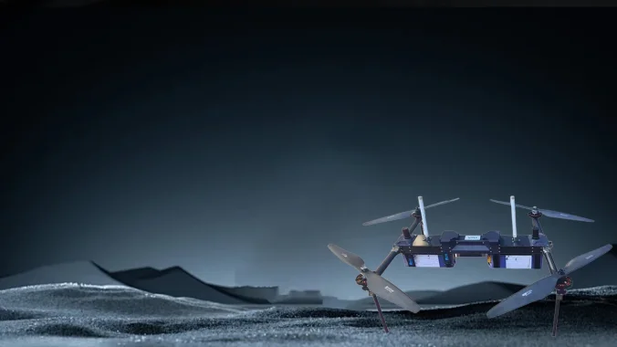 Long-endurance multi-rotor UAV operating above remote mountainous terrain.