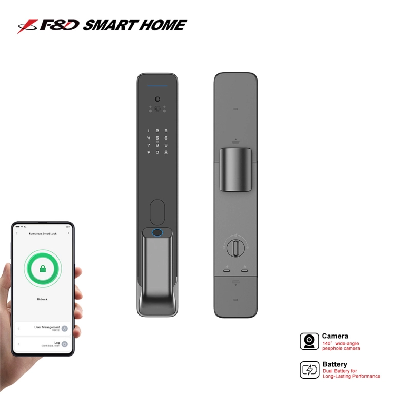 FD-Y1 Smart Video Door Lock with Fingerprint, Password, RFID Card, Remote Unlock, Quick Handle Access, Dual Batteries, Two-Way Video Intercom, Tuya App – Aluminum Alloy, OEM/ODM