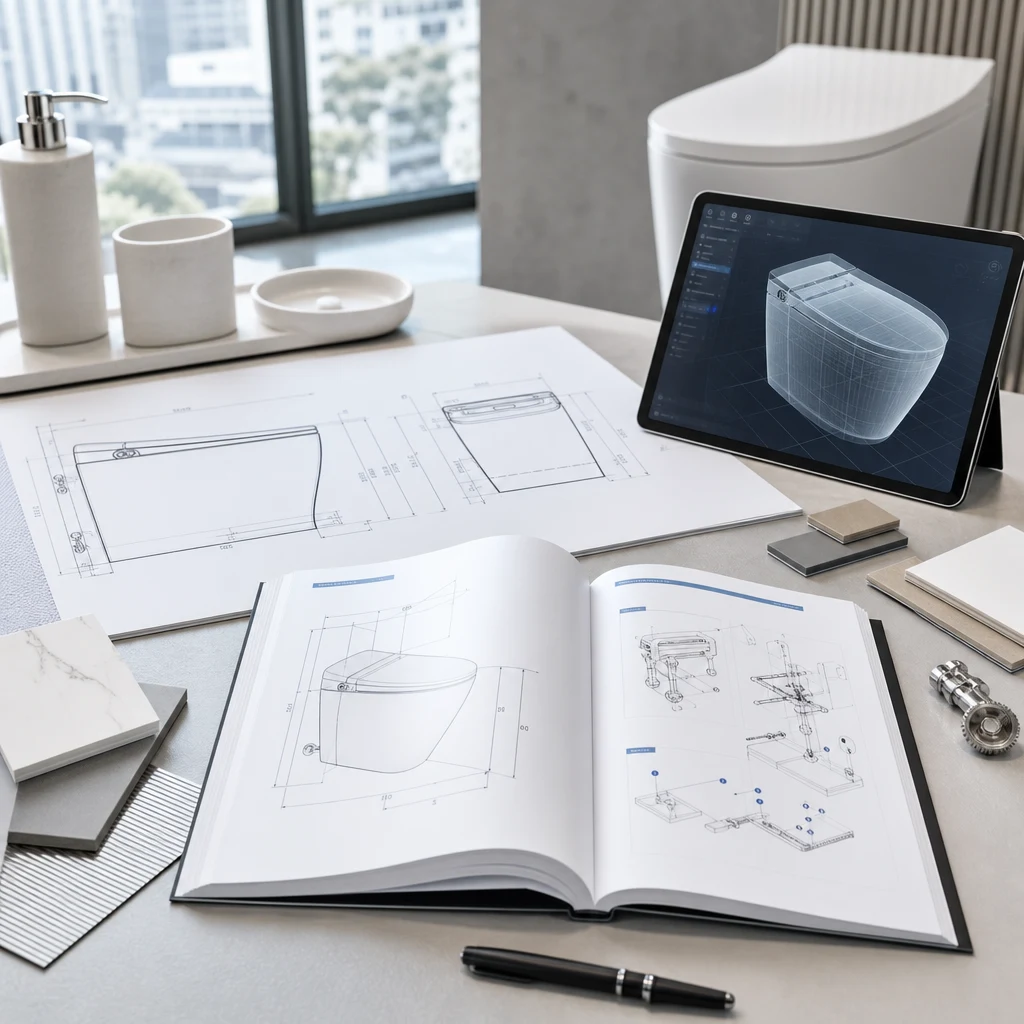 Engineering workspace with smart toilet technical drawings, installation documents, material samples, and a CAD reference