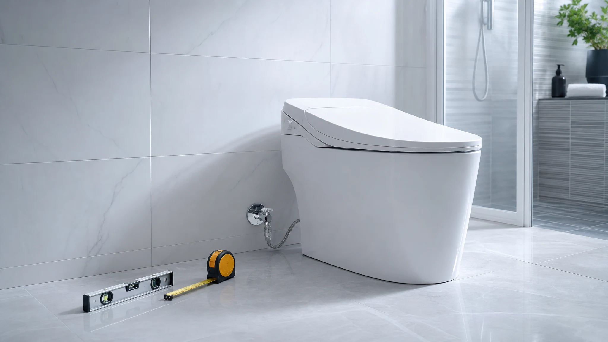 White smart toilet prepared for installation with a water valve, level, and measuring tape