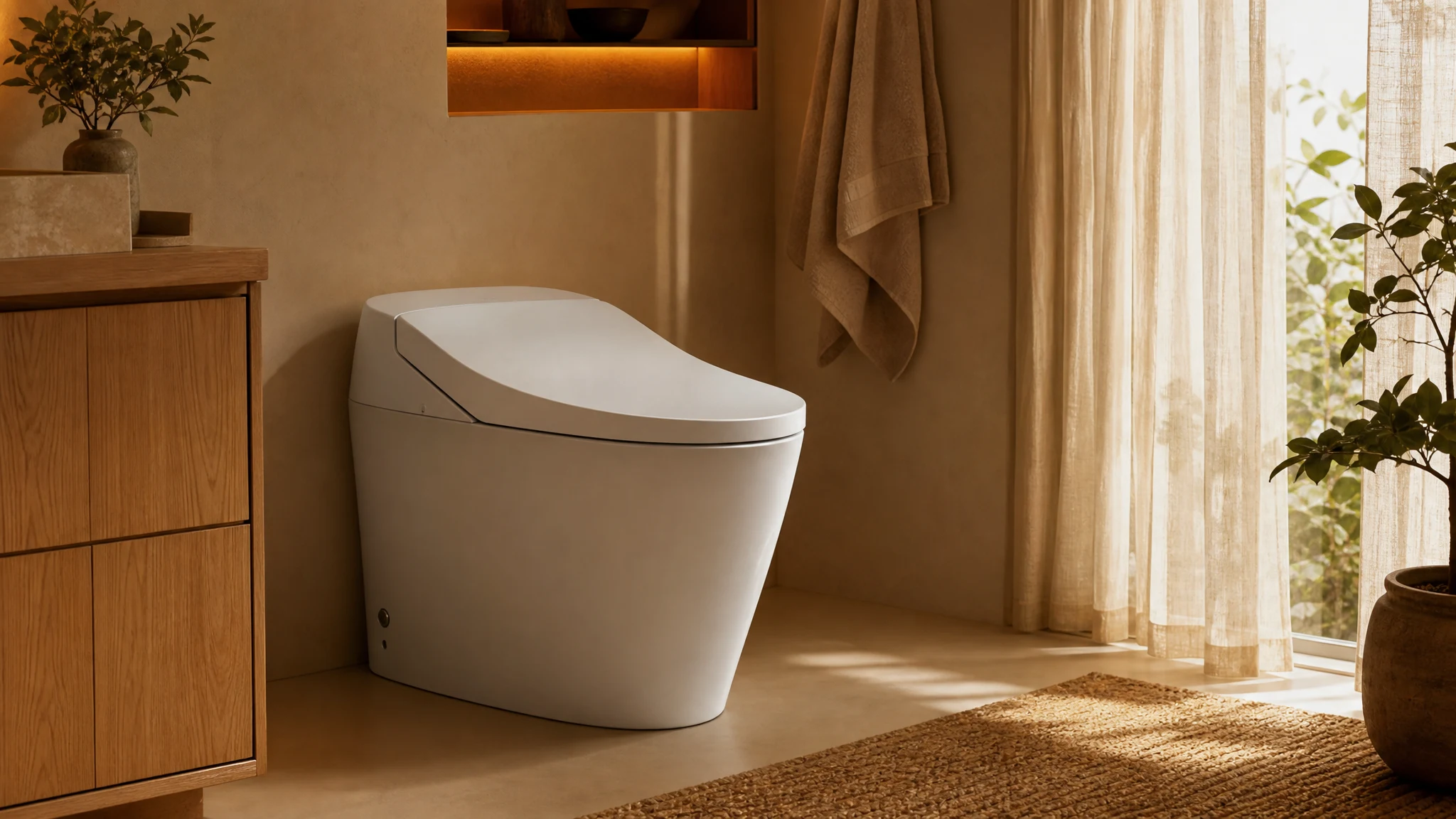 A seamless white integrated smart toilet in a warm, sunlit home bathroom with natural wood and plants