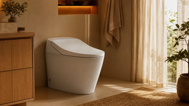 A seamless white integrated smart toilet in a warm, sunlit home bathroom with natural wood and plants