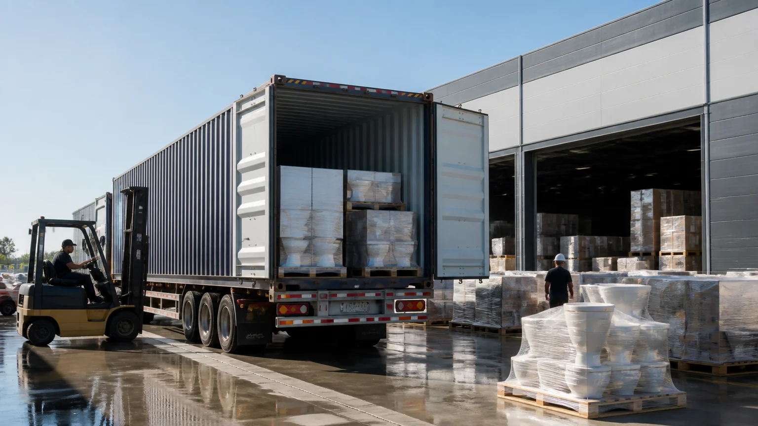 A shipping container beside a modern US warehouse with pallets of bathroom products ready for domestic distribution