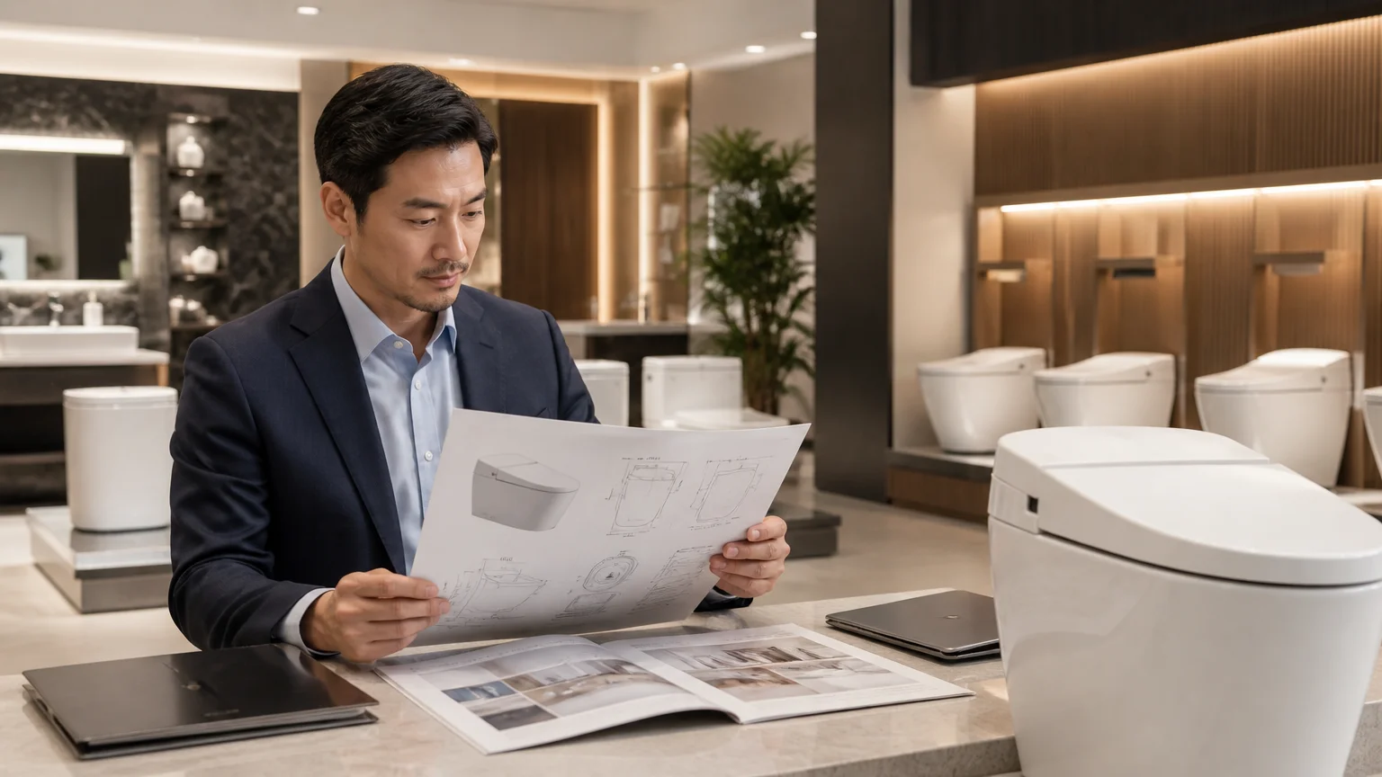 A bathroom showroom professional reviewing a smart toilet specification sheet in a wholesale showroom