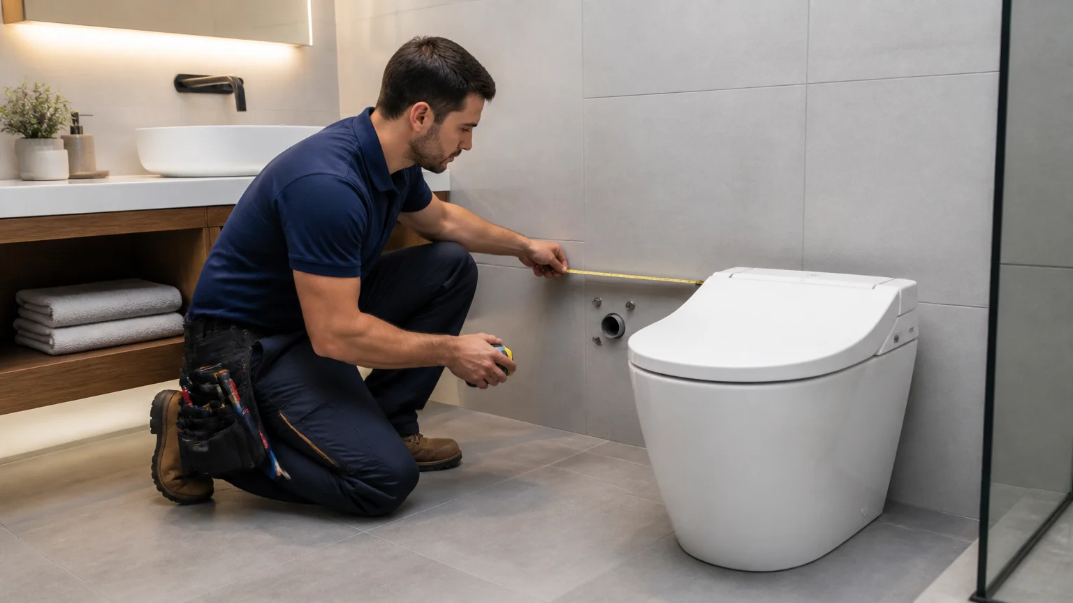 A plumber measuring bathroom rough-in dimensions with a tape measure beside a modern smart toilet