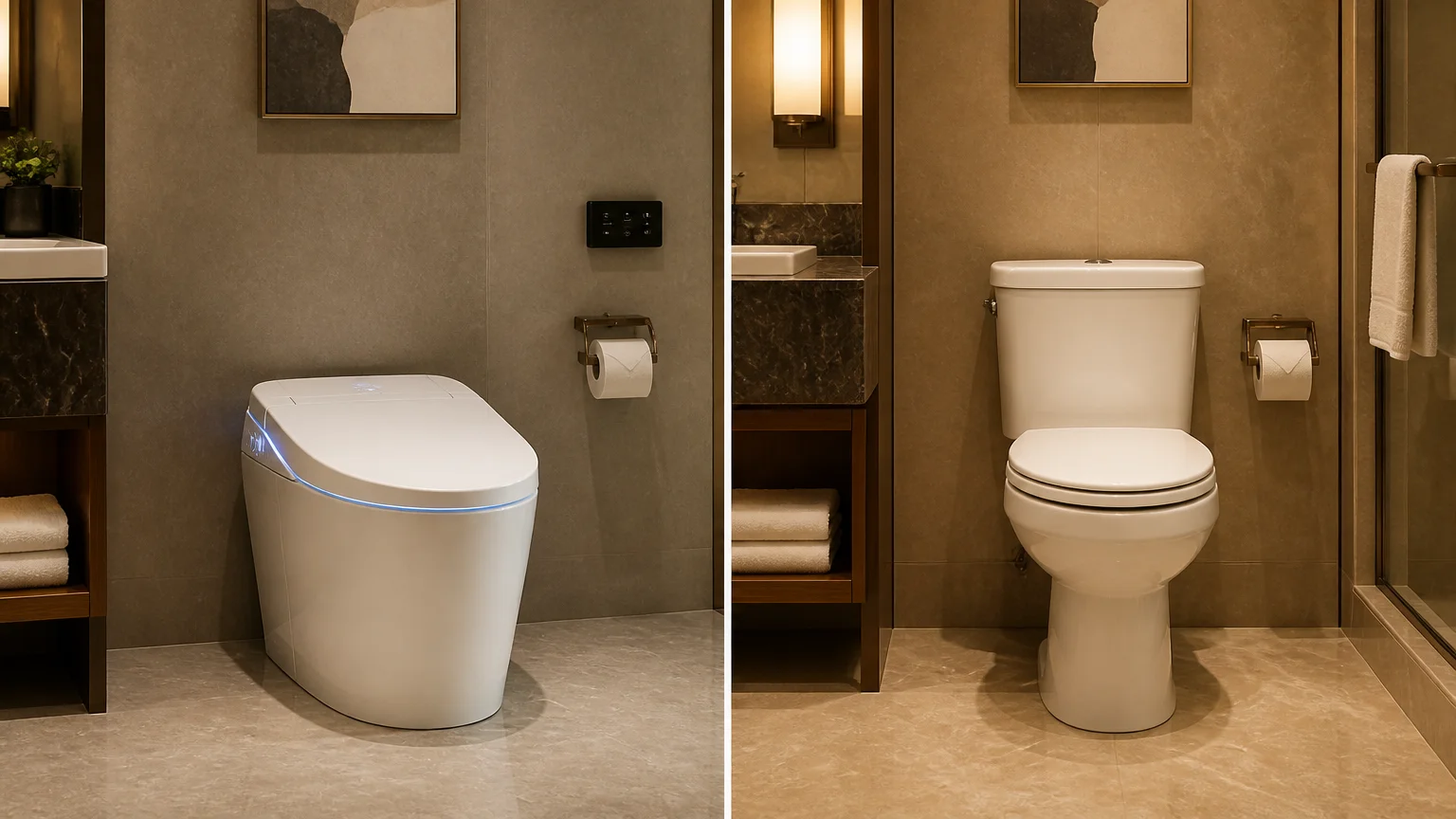 A side-by-side comparison showing a modern smart toilet and a traditional toilet in a commercial bathroom setting
