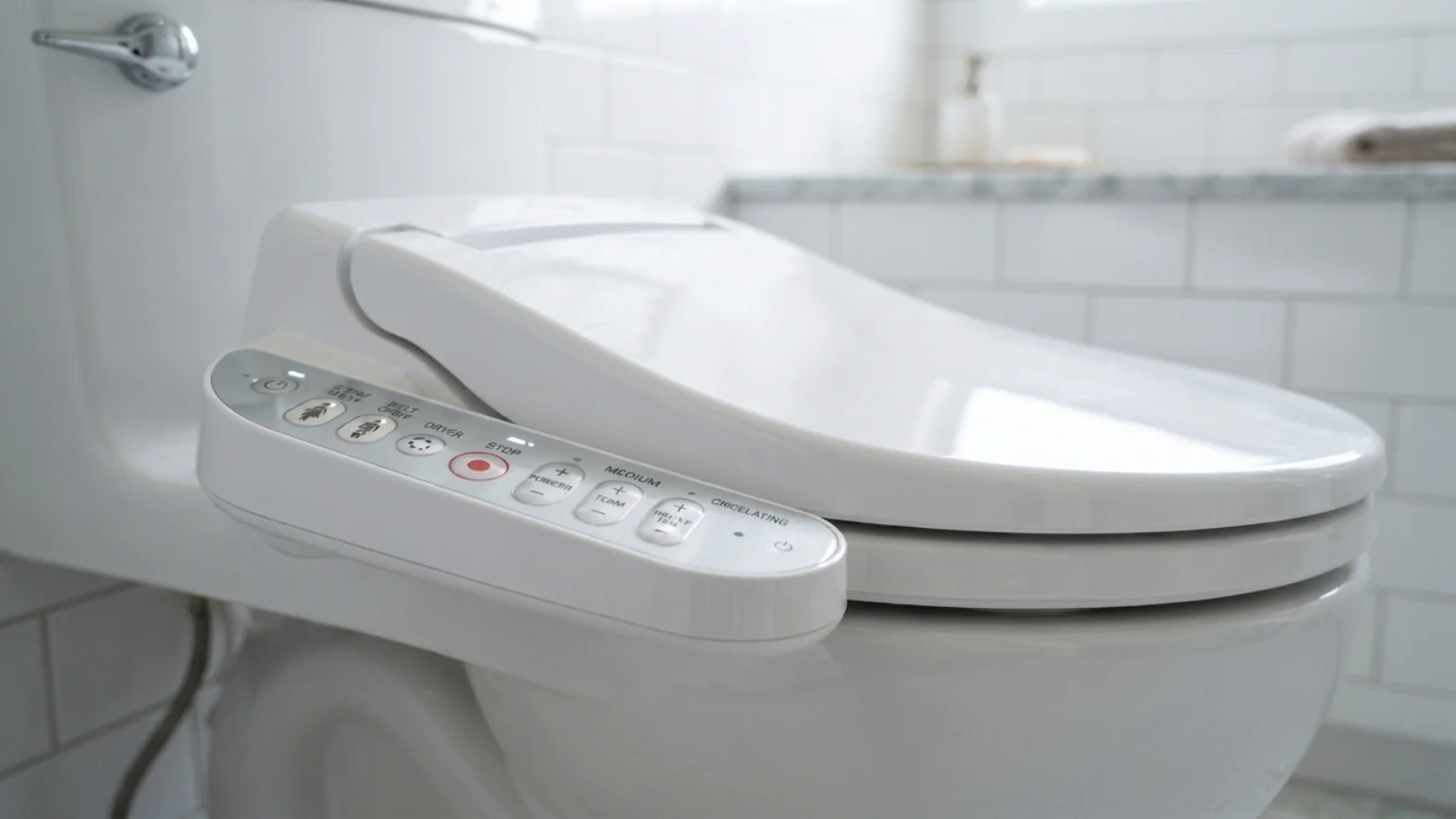Electronic bidet and smart toilet seat installed in a bathroom