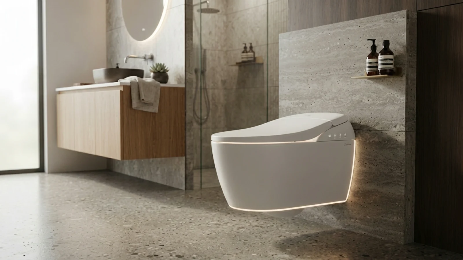 Integrated smart toilets displayed in a premium commercial bathroom showroom