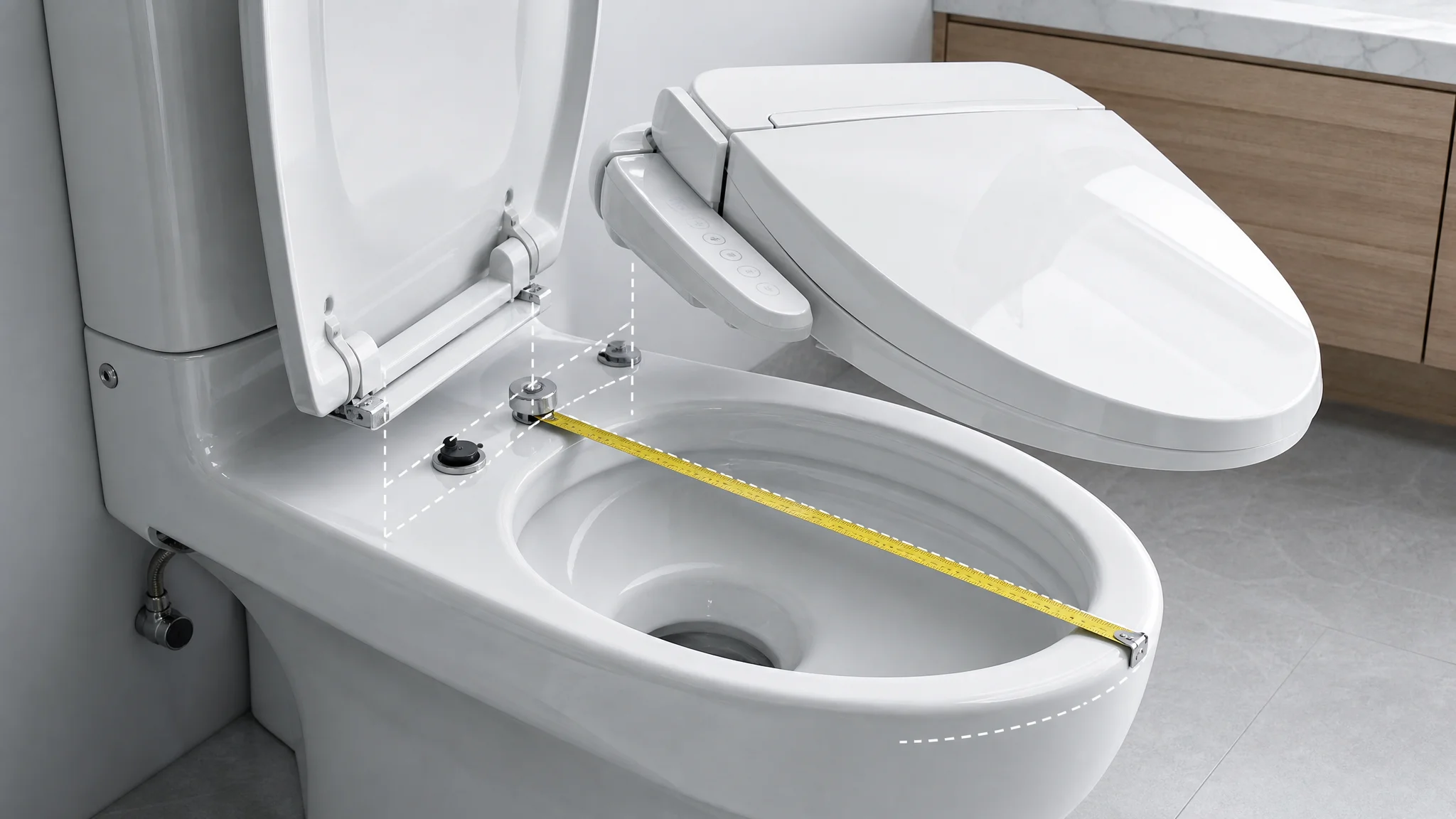 Bidet toilet seat compatibility survey with bowl measurements and mounting-hole alignment guides