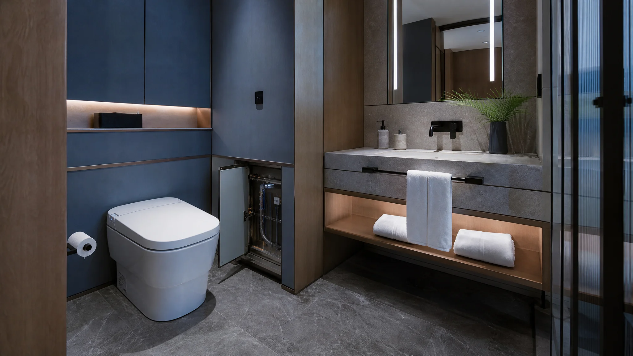 Contemporary hotel bathroom with an integrated smart toilet and accessible maintenance services