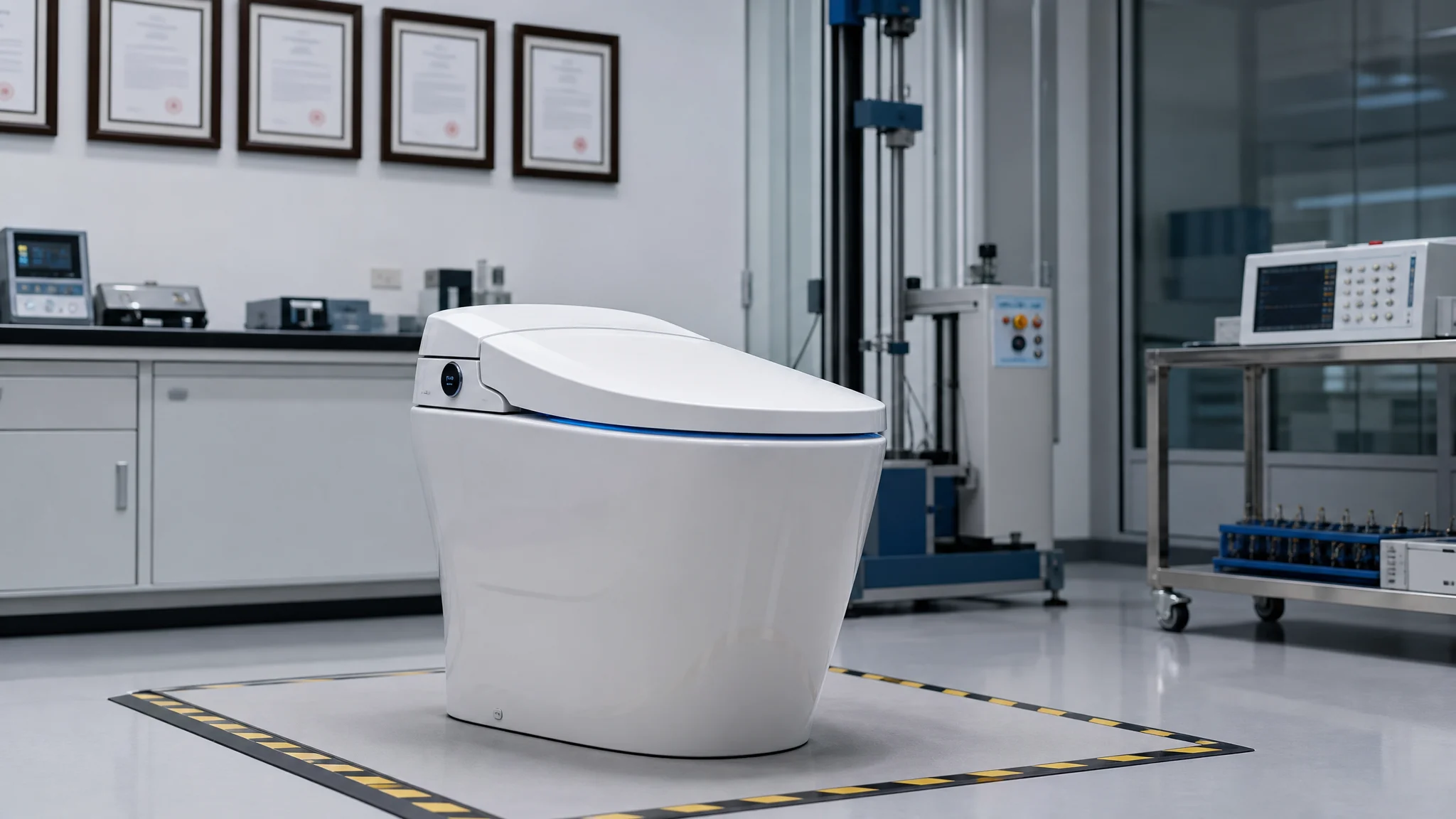 Smart toilet undergoing laboratory compliance testing with certification records displayed behind it