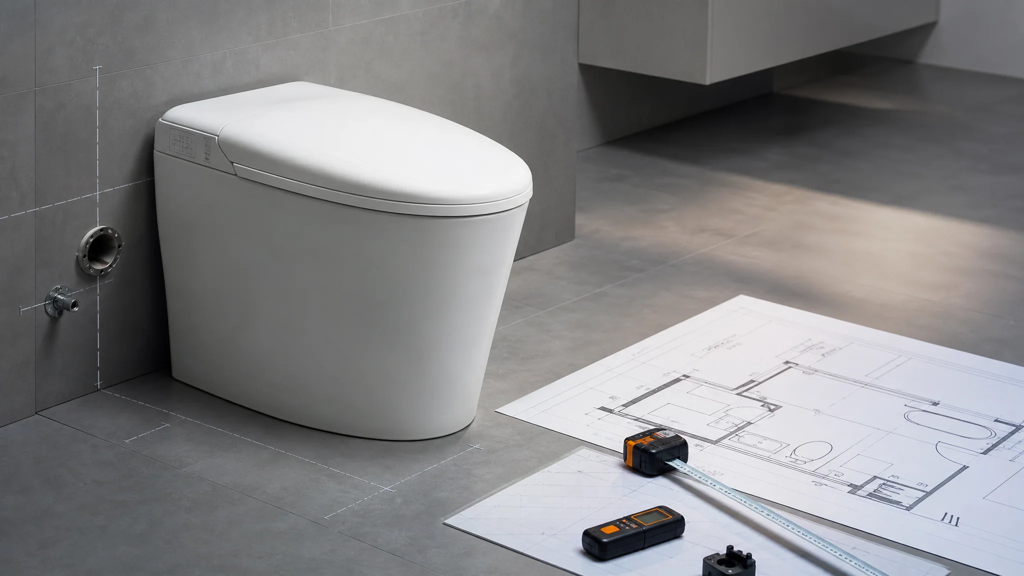 Smart toilet installation survey with wall and drain measurements beside technical floor plans