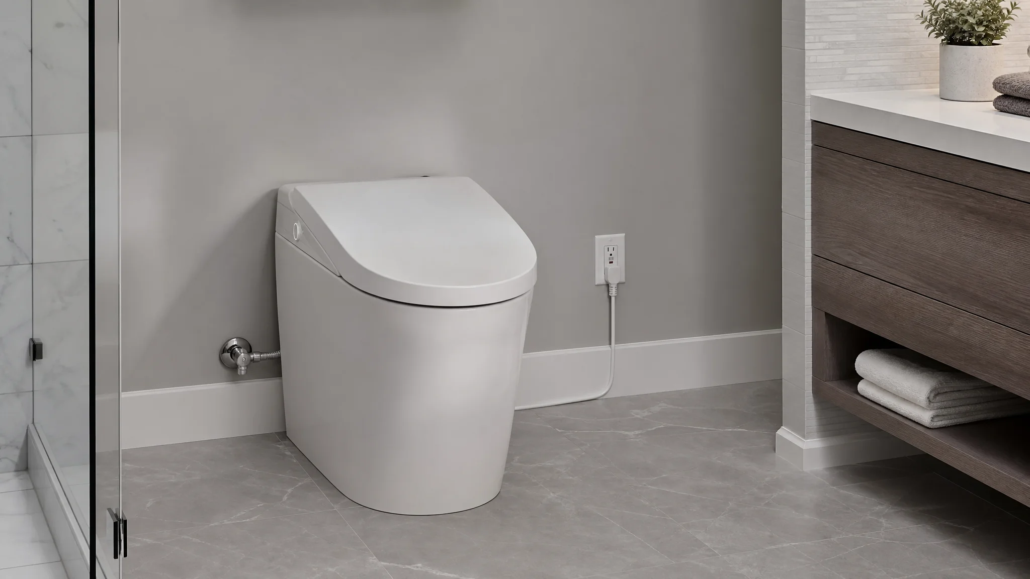 Smart toilet installed beside a grounded GFCI electrical outlet in a North American bathroom