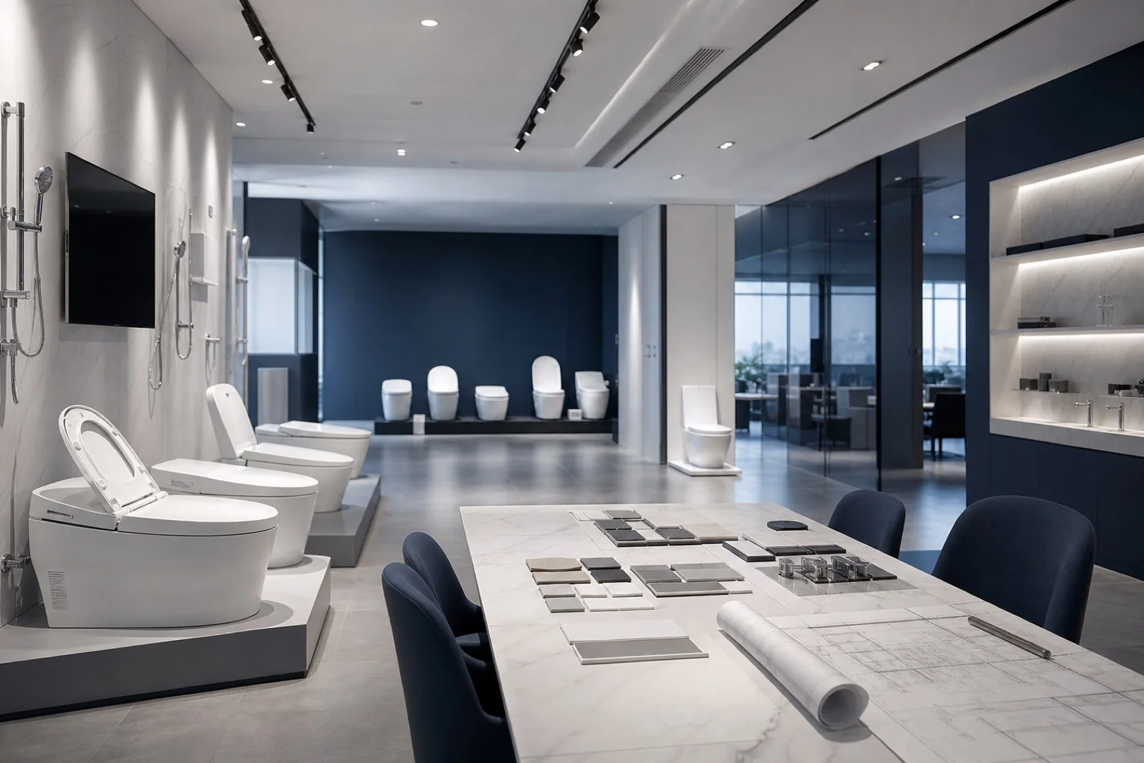 Smart toilets displayed in the Lavilys showroom