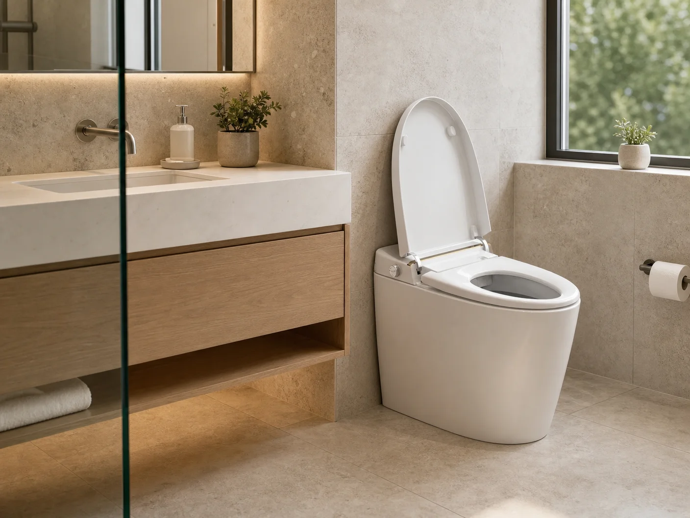 Modern compact hotel bathroom for a standard guest room