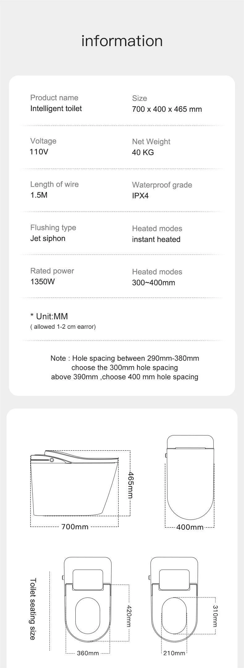 K1 product dimensions, weight, voltage, IPX4 and rough-in information