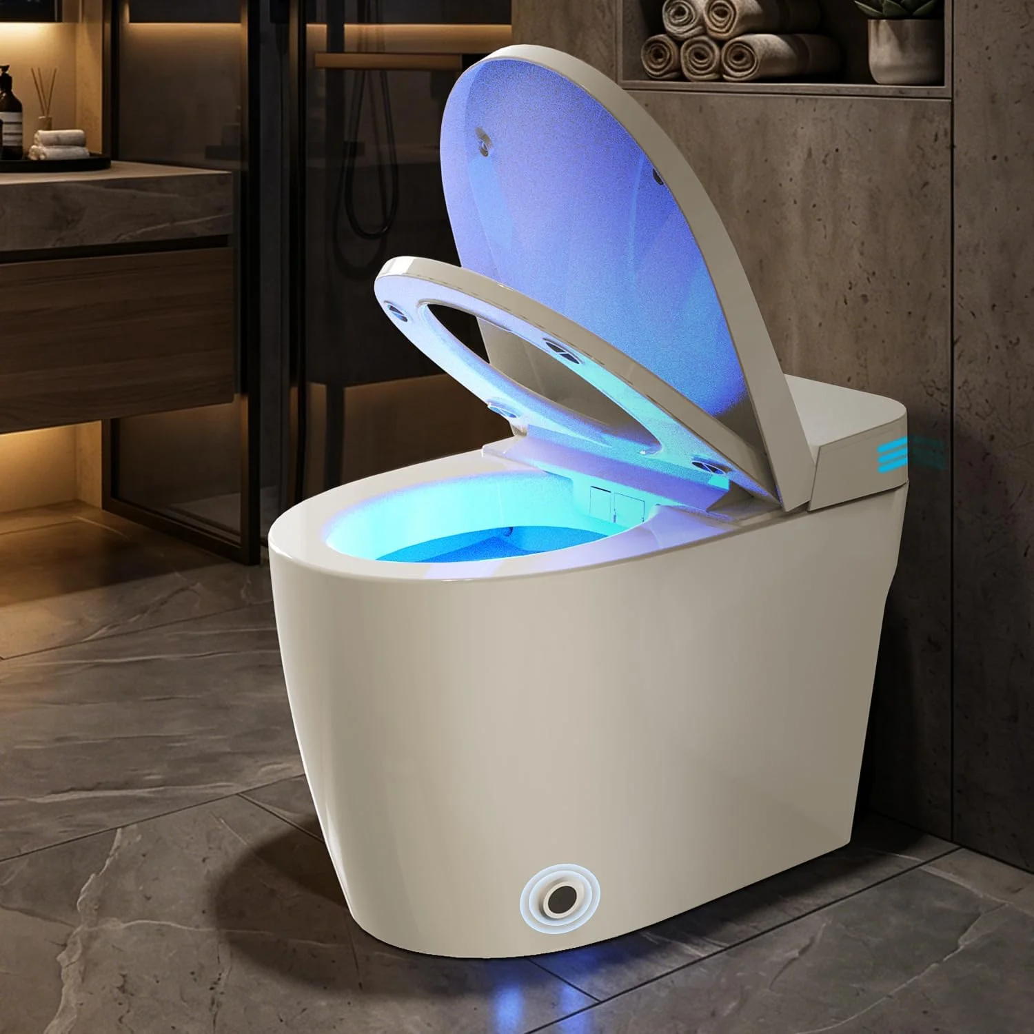 S61B white integrated smart toilet with its manual lid and seat open in a dark modern bathroom