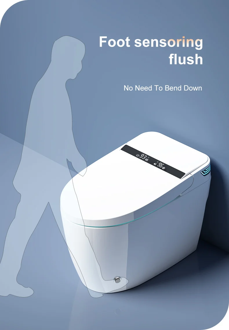W1 foot-sensing flush operation shown beside the integrated smart toilet