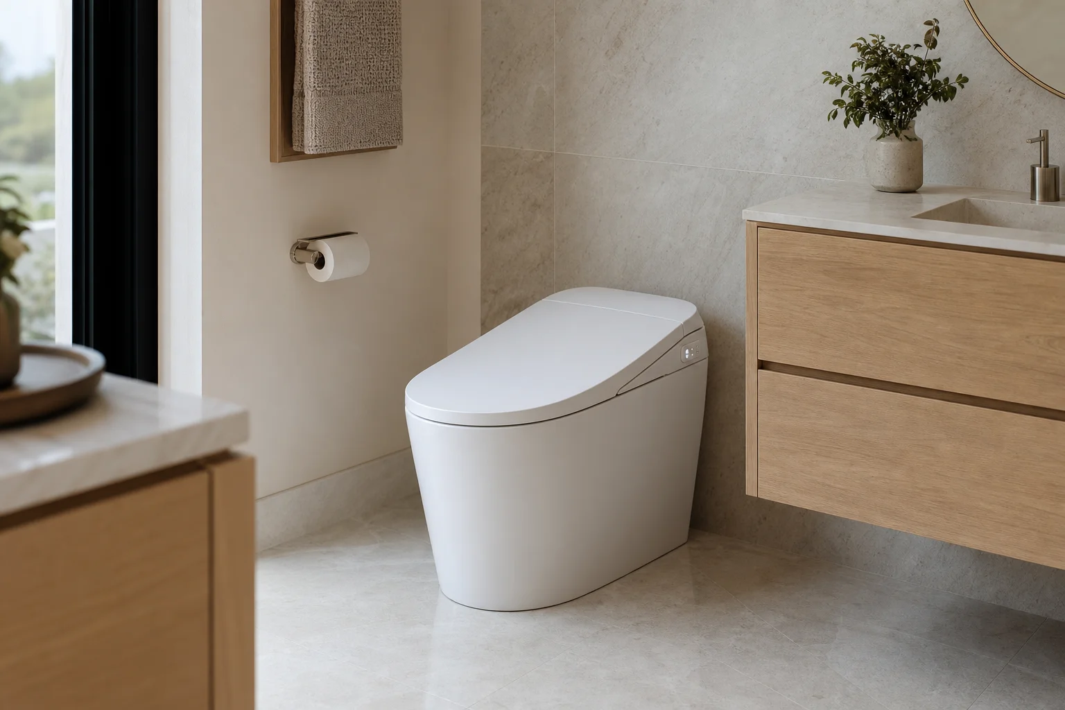 Integrated Lavilys smart flushing controls and premium ceramic fixture in a modern residence