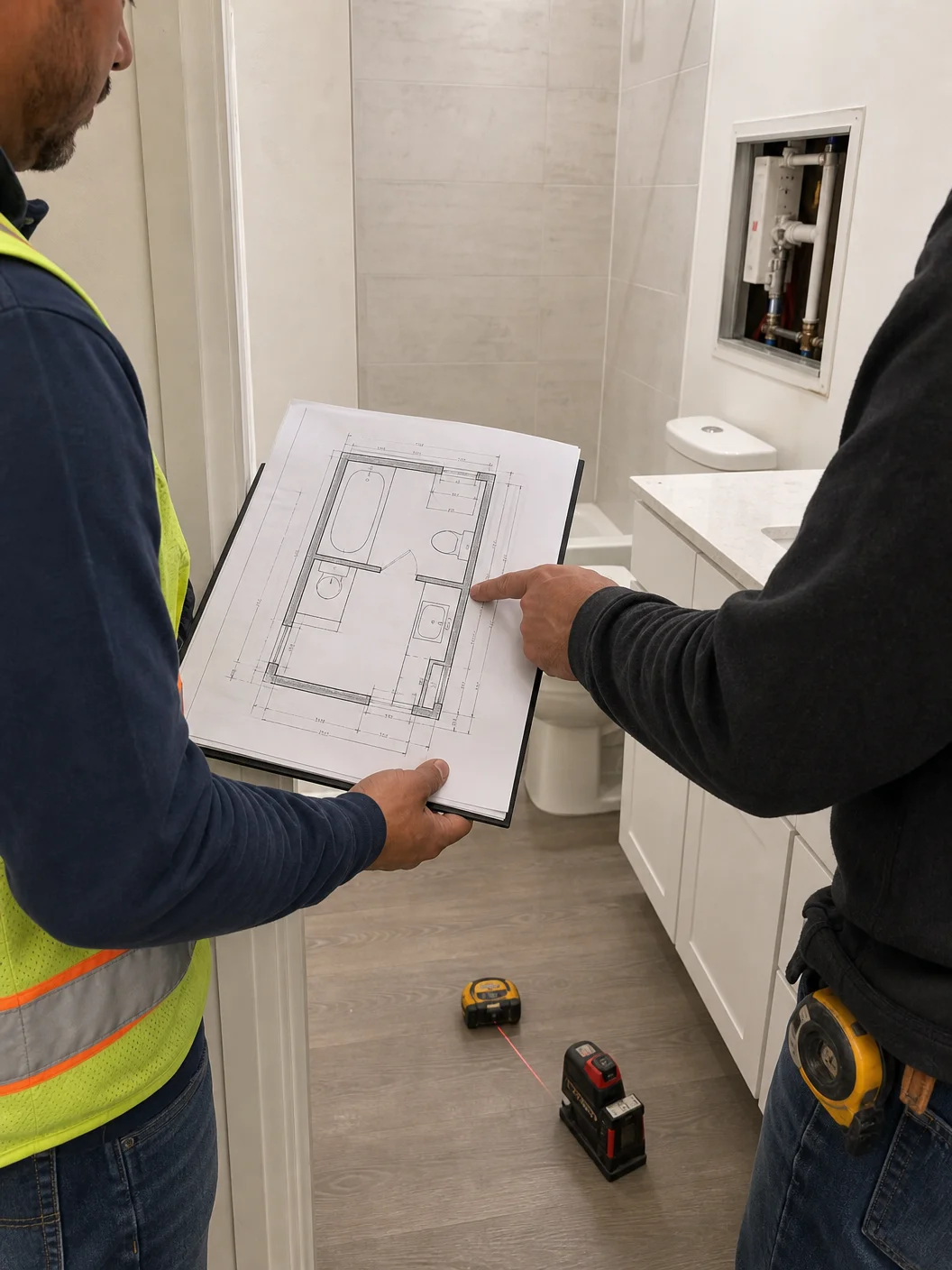 Apartment project blueprints with smart bathroom fixture samples and technical specifications