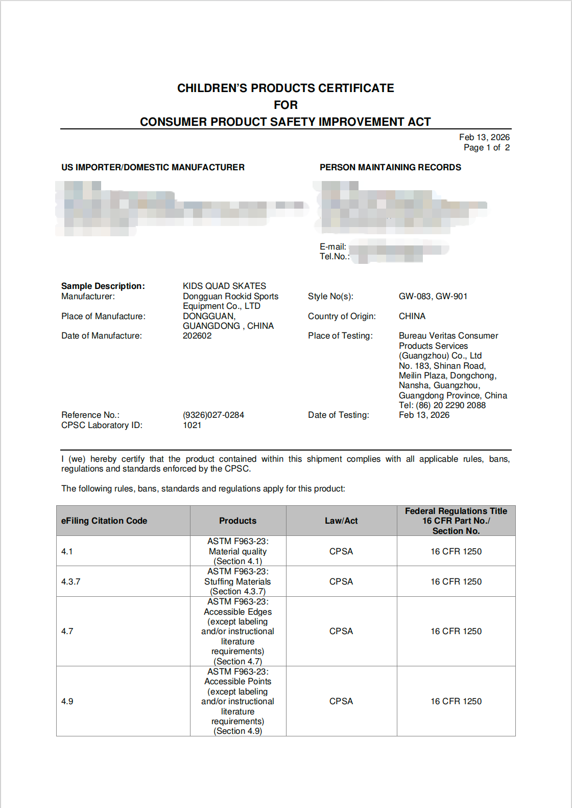 EN 13843 Class A Product Safety Certification for inline skates
