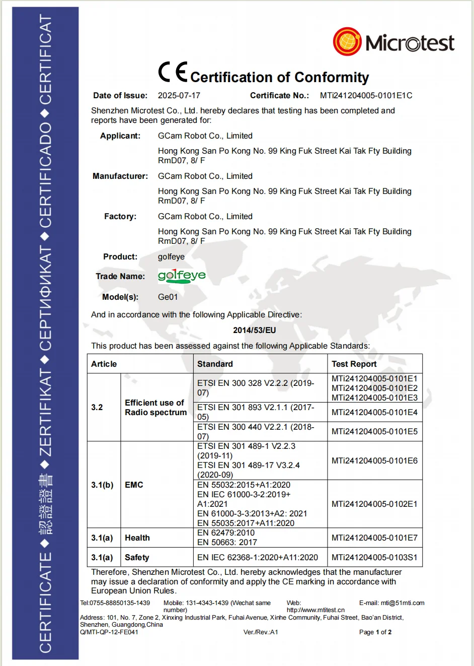 CE Certification of Conformity — Golfeye GE01