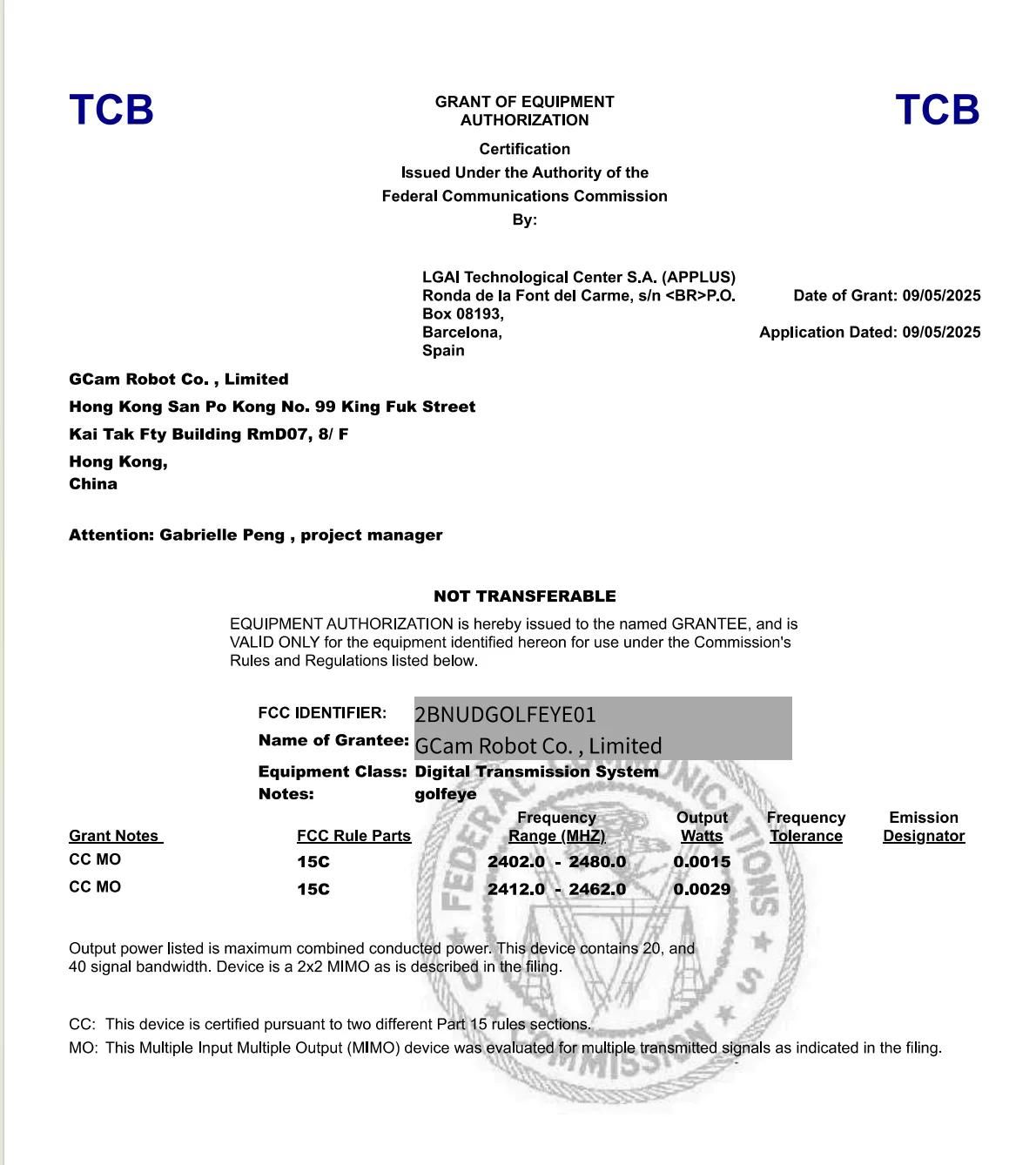 FCC Grant of Equipment Authorization — Golfeye GE01