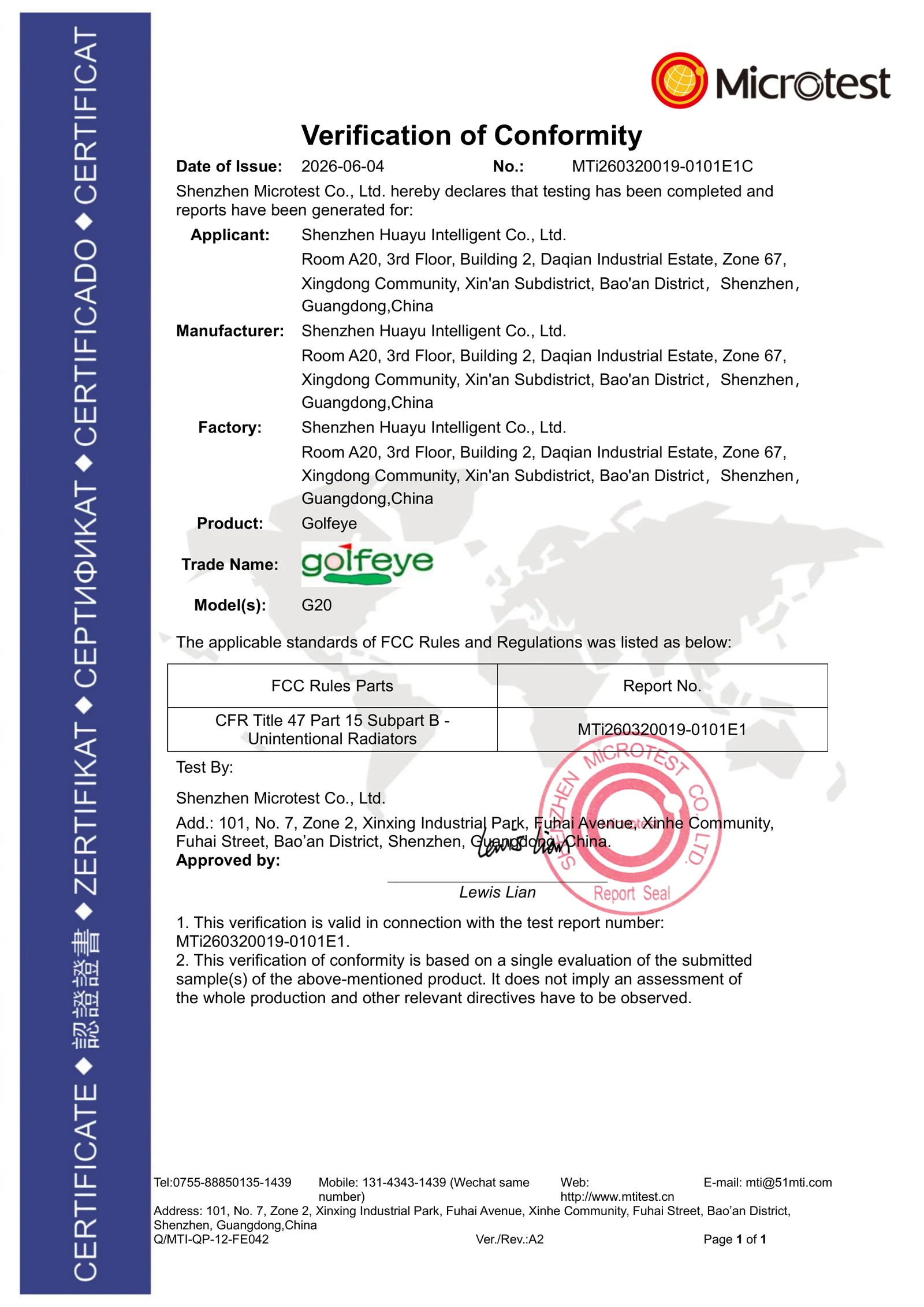 FCC Verification of Conformity MTi260320019-0101E1C for Golfeye G20