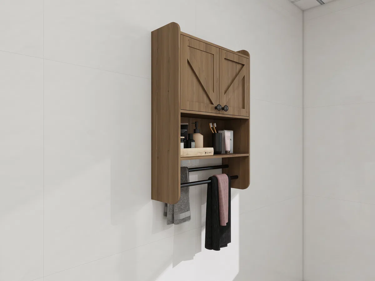 Modern Bathroom Vanity Storage Cabinet H1002 - Open Doors & Towel Bars