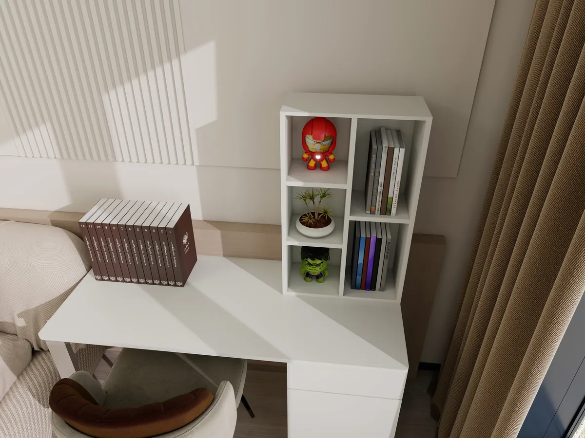 Modern White Open Storage Cabinet H2001 - Corner Placement