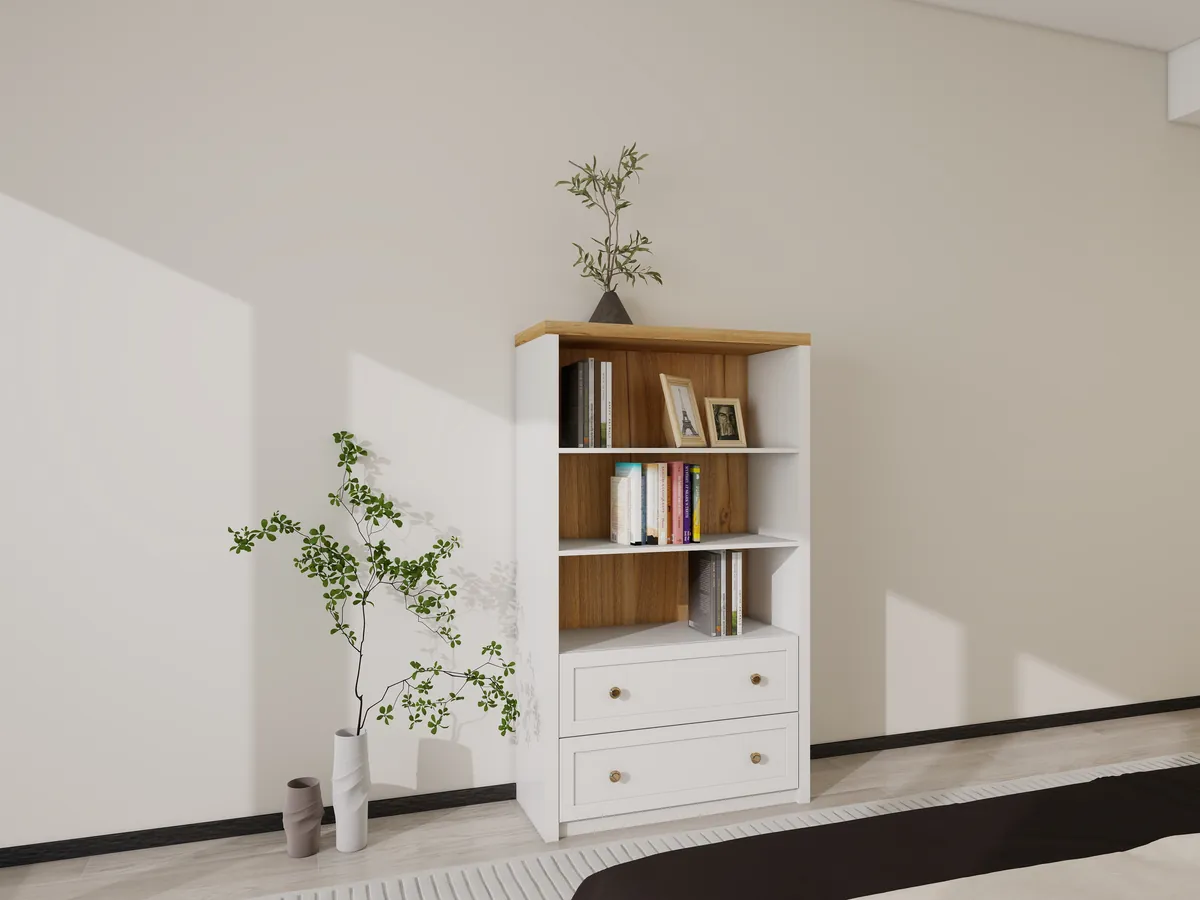 Modern Minimalist White Bookcase & Combination Cabinet H2002 - Front Perspective
