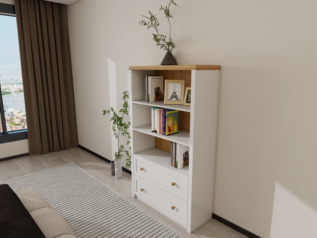 Modern Minimalist White Bookcase & Combination Cabinet H2002 - Open Shelving Detail