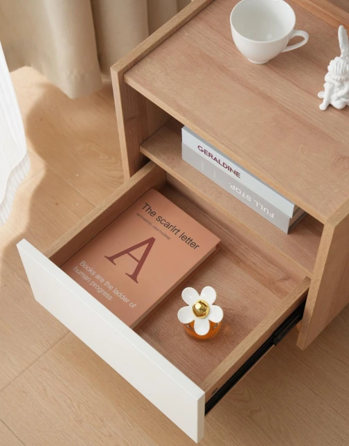 Modern Nordic Solid Wood Nightstand C3001 - Push Drawer Open