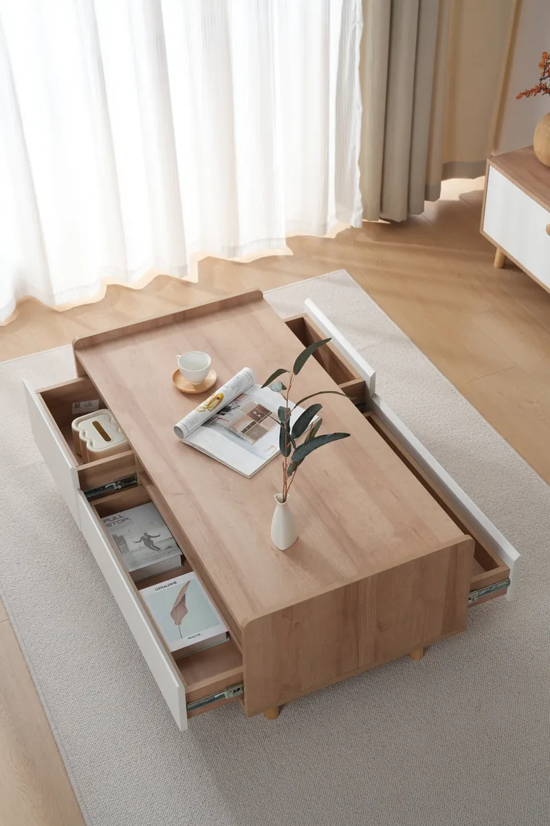 Nordic Style Wooden Coffee Table G7002 - Drawers Extended