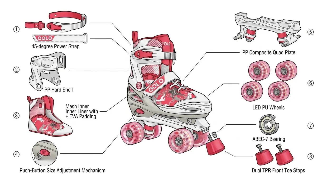 Labeled exploded view of quad roller skate anatomy and components