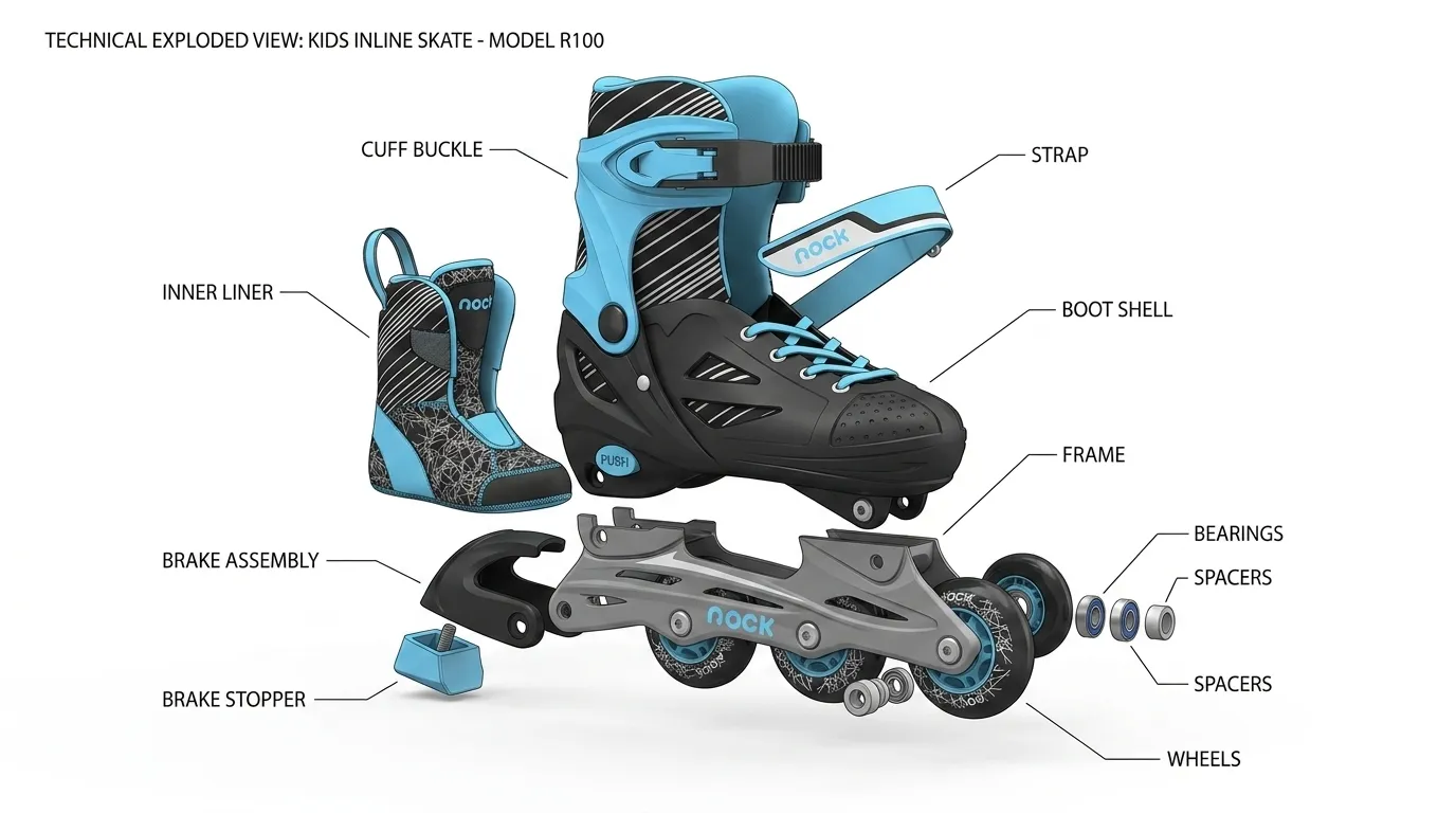 Technical exploded view of inline skate construction with aluminum speed frame