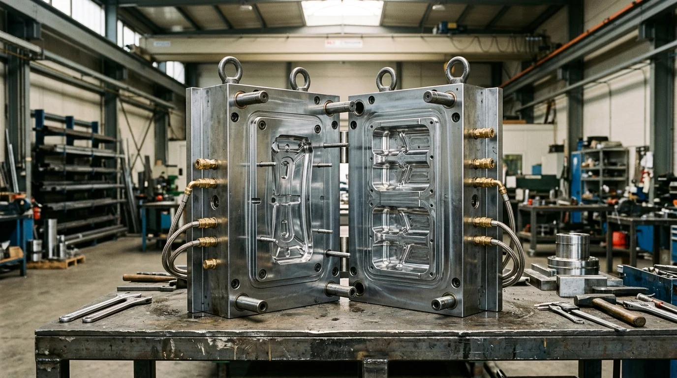 Hardened Steel Multi-Cavity Injection Mold on Steel Assembly Bench