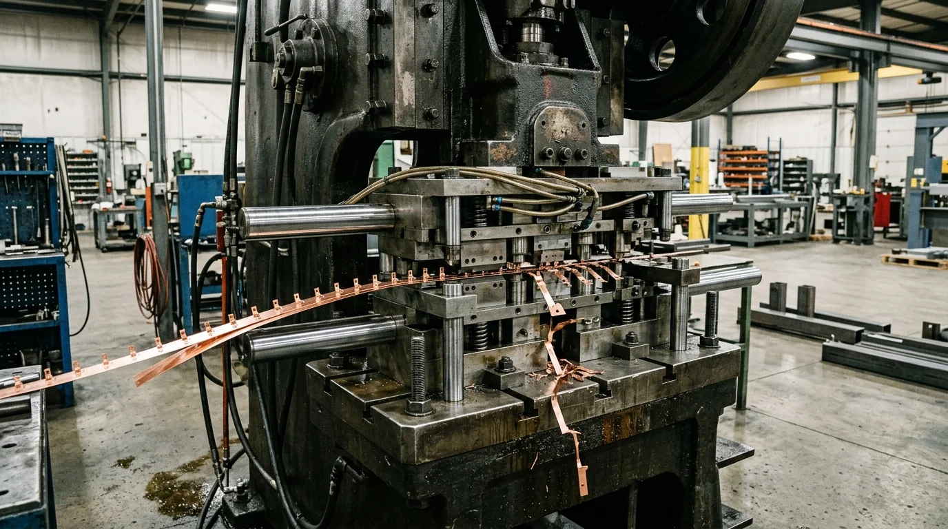 Progressive Stamping Die Mounted on Heavy Punch Press with Copper Strip