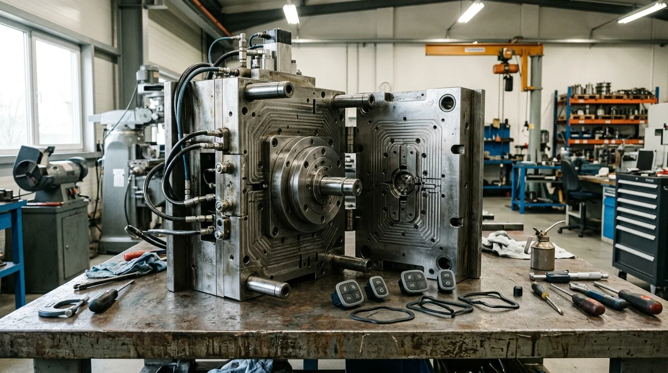 Two-Shot 2K Injection Mold with Rotary Table on Assembly Bench at Axiom Molds
