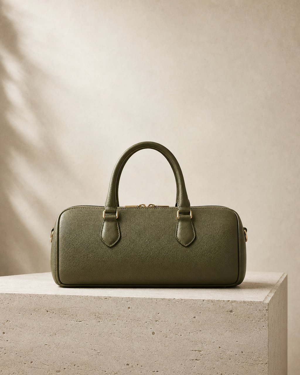 Olive east-west Boston handbag on a pale stone display