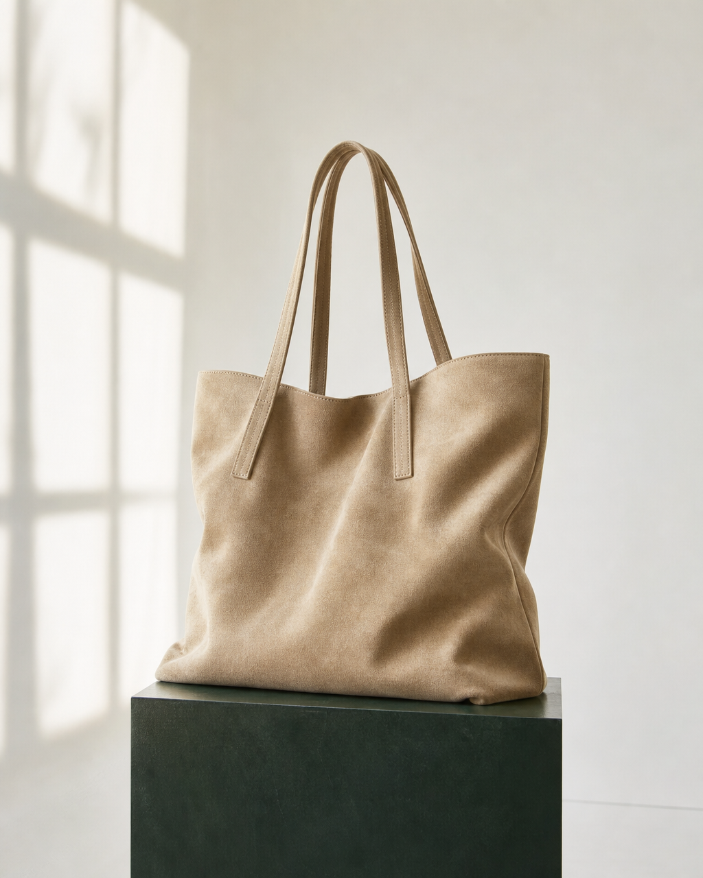 Sand suede shopper tote on a deep evergreen pedestal