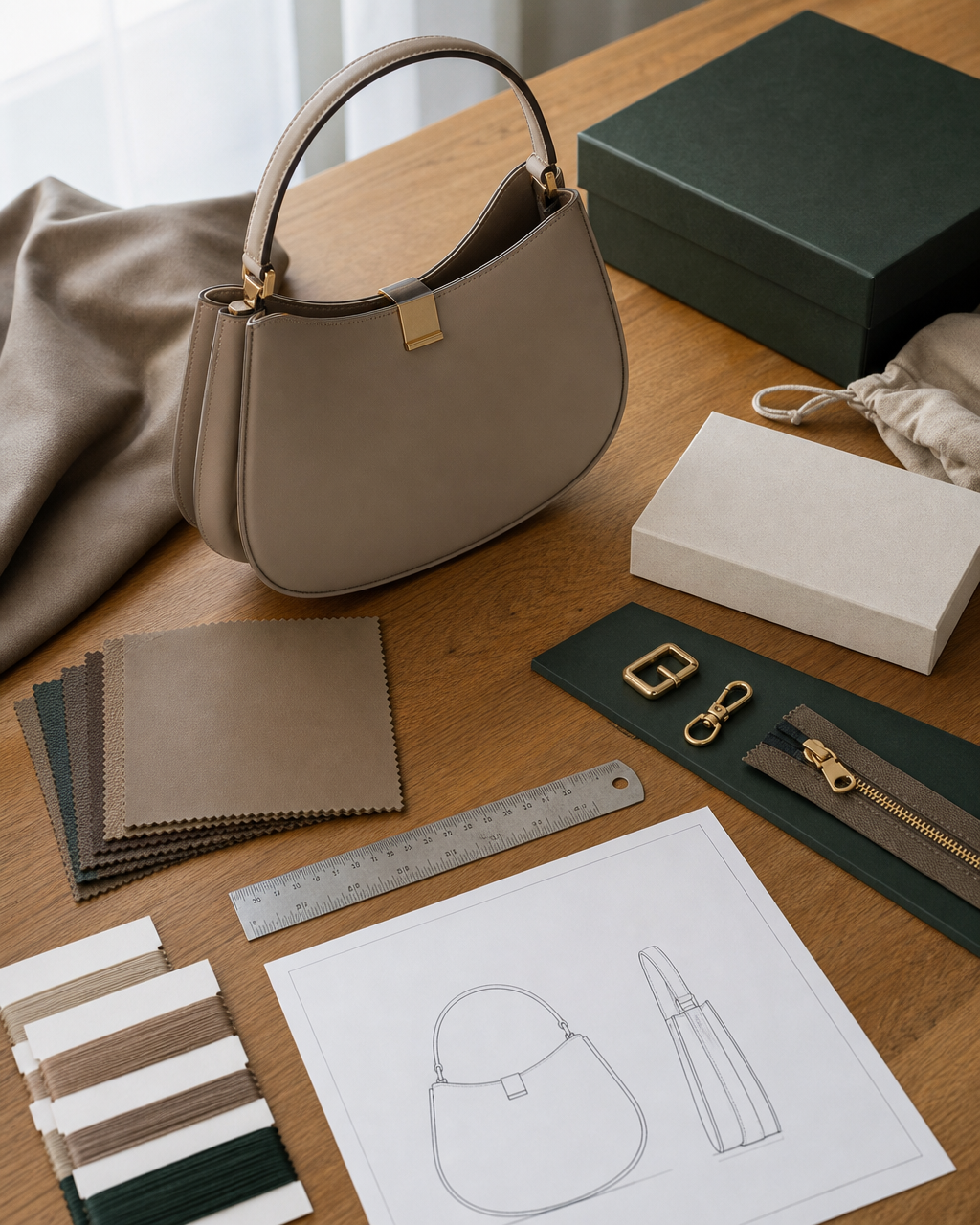 Handbag development table with prototype, swatches, hardware and technical drawing
