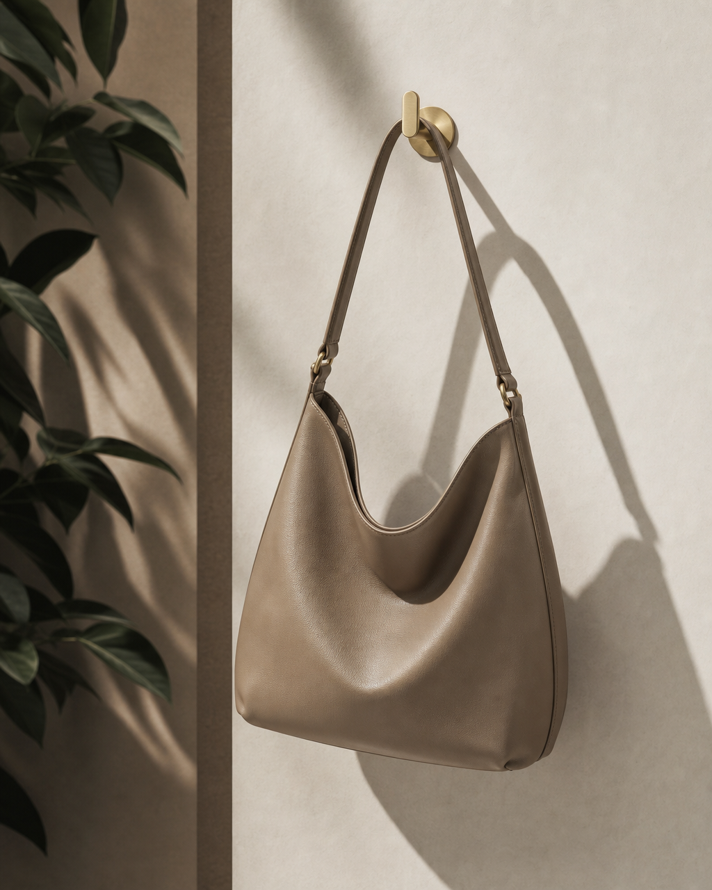 Mushroom taupe hobo bag suspended on a minimal brass hook